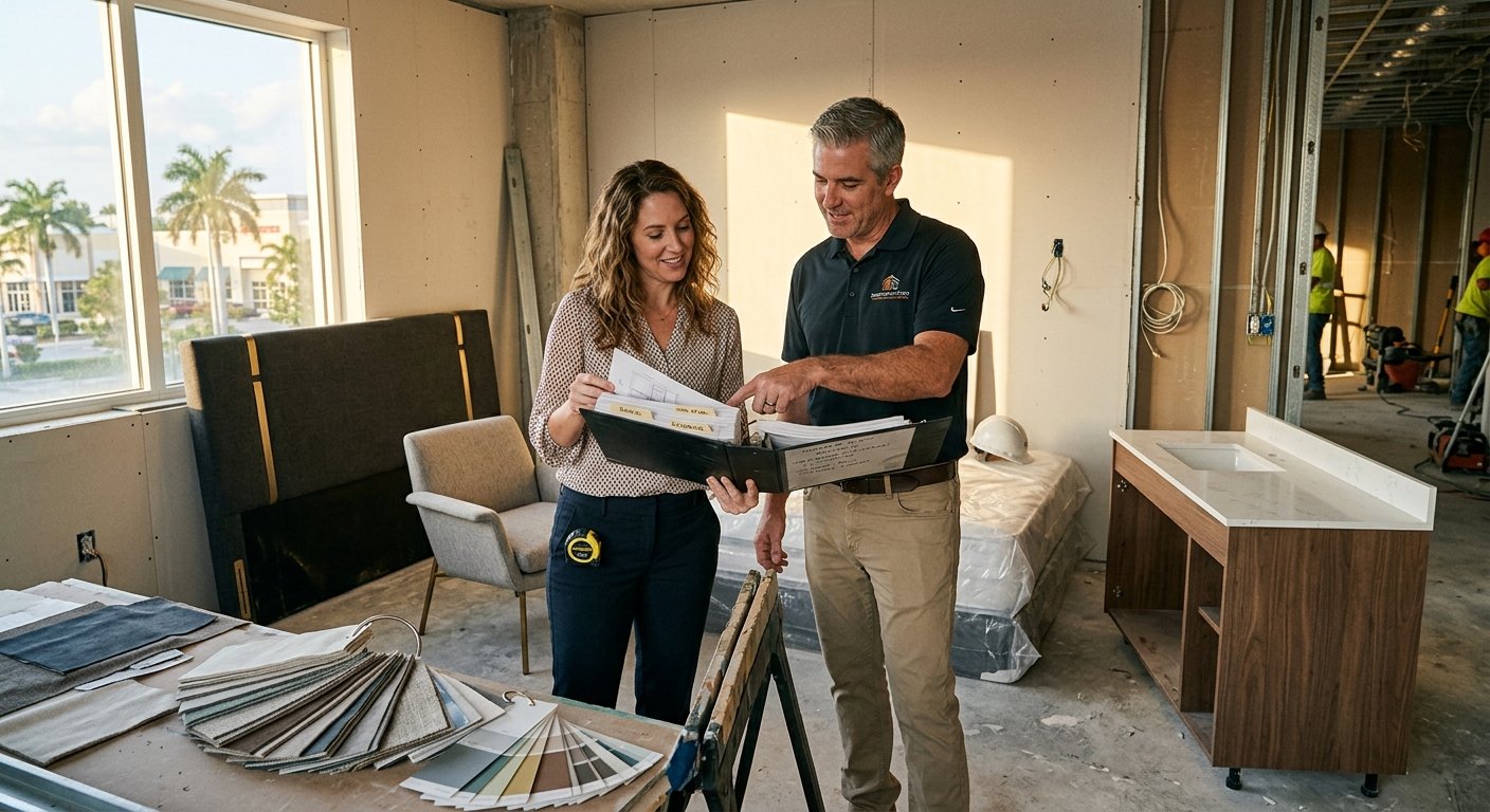 Designer and project manager review FF&E specs in an unfinished hotel guestroom with furniture samples and swatches around th
