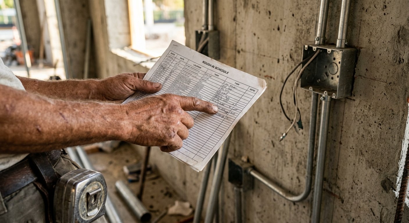 Weathered hands holding a printed rough-in schedule against a concrete wall with mounted conduit stubs and electrical boxes