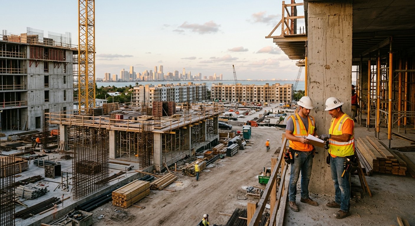 Two construction workers review documents at a large South Florida residential job site at dusk, concrete framing and skyline