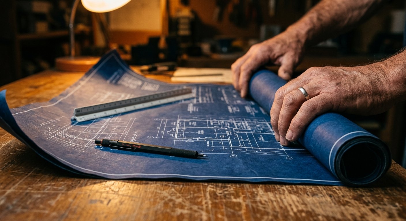 Weathered hands unrolling architectural blueprints on a drafting table beside a mechanical pencil and scale ruler under warm