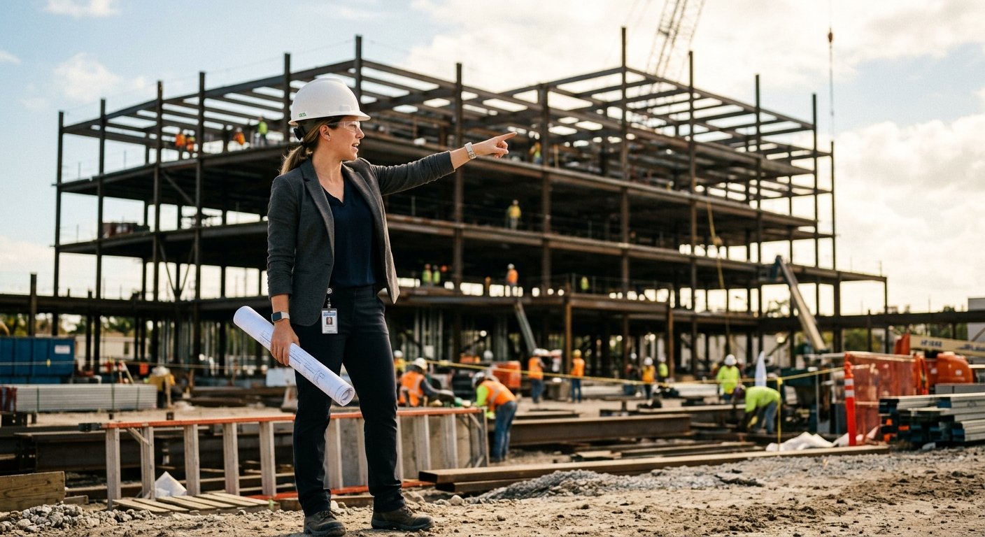 Woman in hard hat and blazer pointing at a steel-framed building under construction on a sunny late-morning site visit