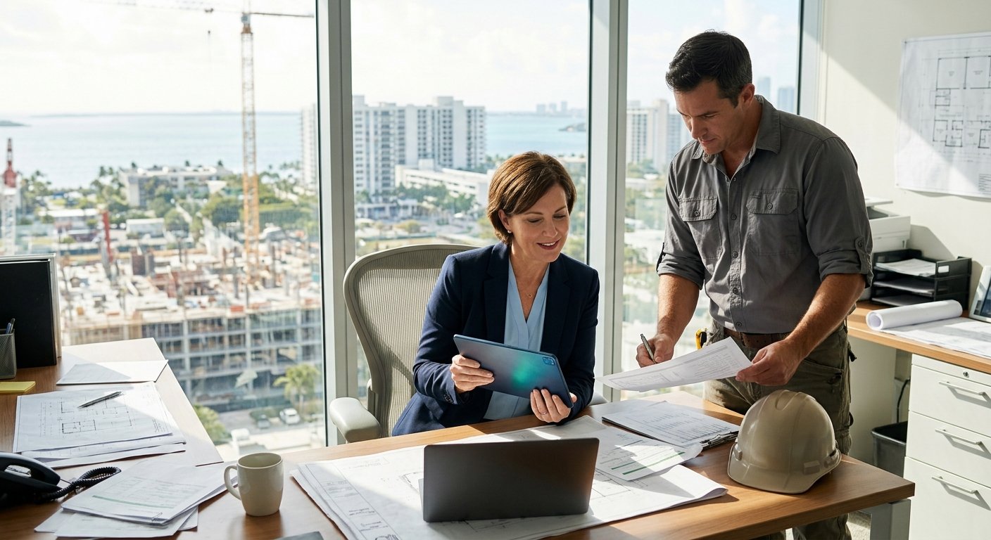 Woman at a sunlit office desk checking a tablet while a contractor stands beside her reviewing printed permit documents