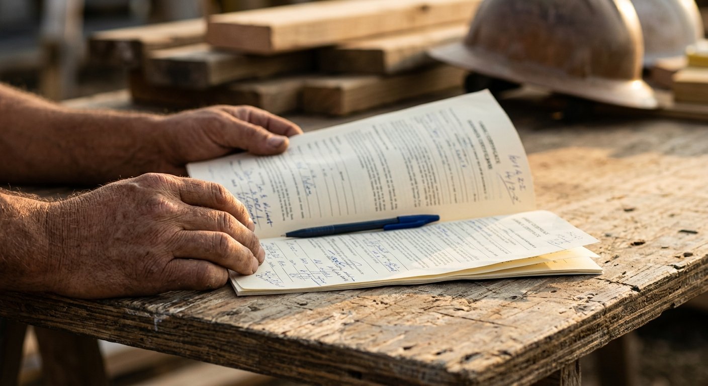 Weathered hands holding an open insurance certificate document with a pen resting across it on a wooden job-site table