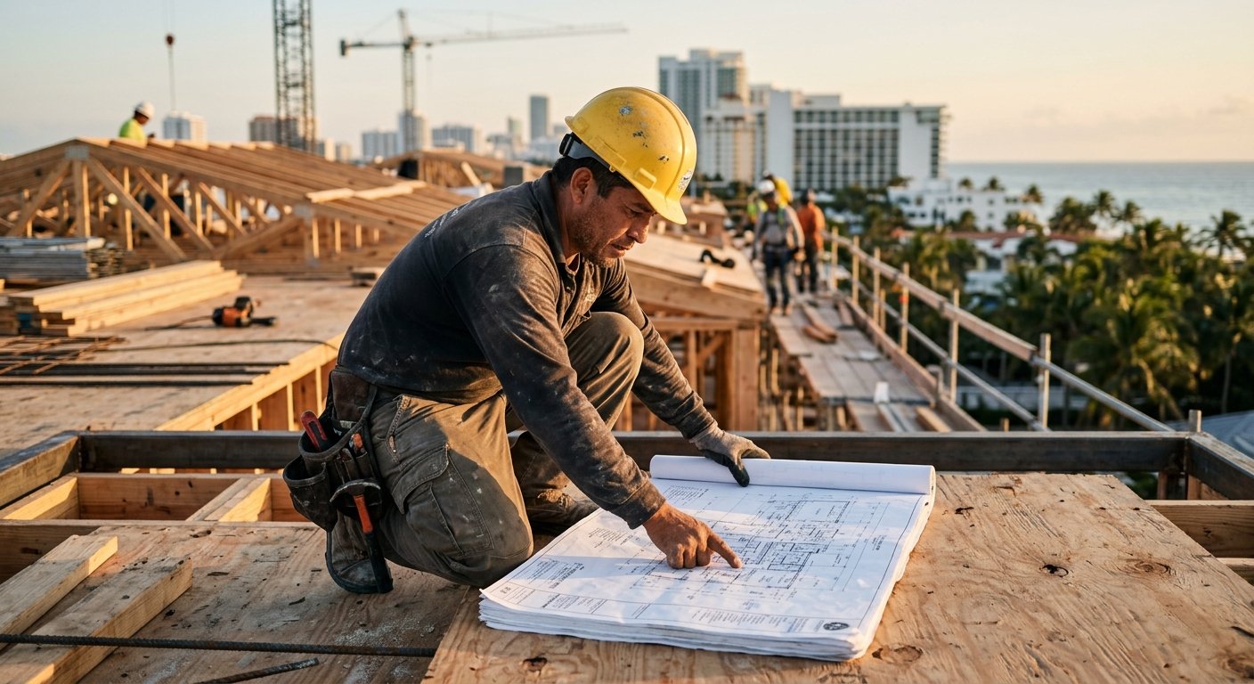 Construction worker in hard hat crouches on a rooftop framing deck, reviewing open blueprints in early morning sunlight.