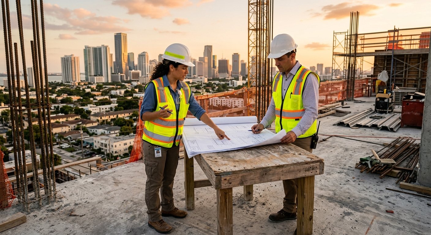 Two professionals review blueprints on the rooftop of an unfinished concrete residential building at sunset, Miami skyline be