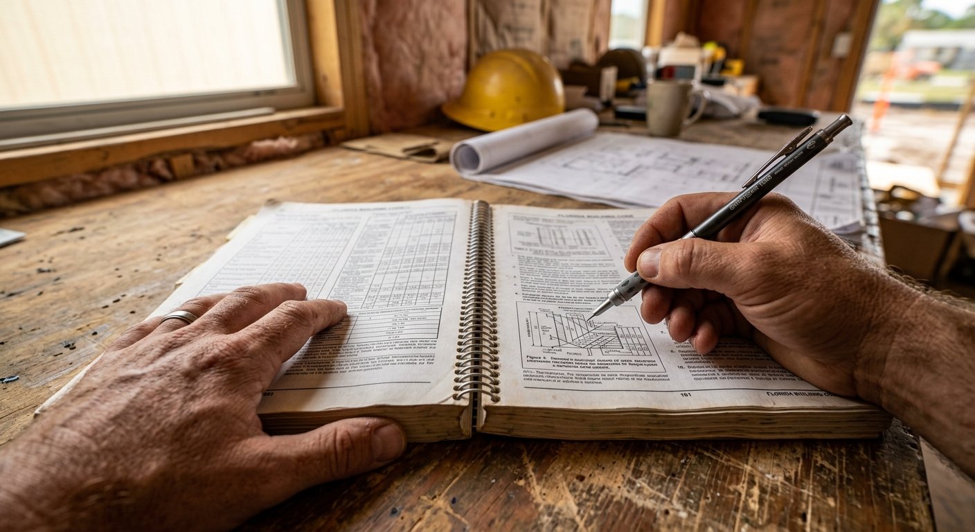 Close-up of hands holding a mechanical pencil over an open Florida Building Code book on a wooden desk in a construction trai