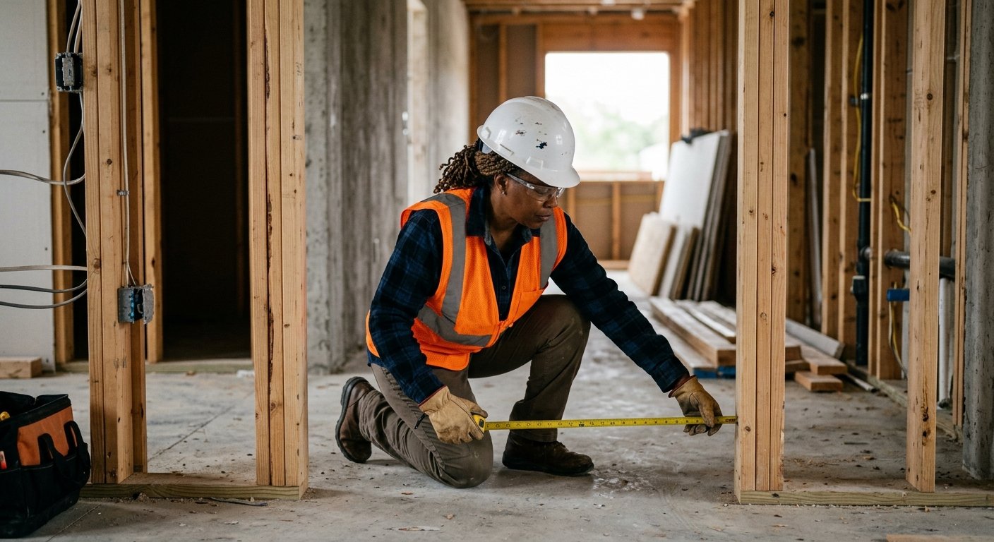 Construction worker measuring a doorway width with a tape measure inside an unfinished apartment hallway