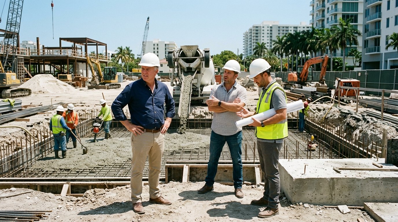 Two developers and a project manager in hard hats standing apart on a concrete foundation site, appearing to disagree over bl