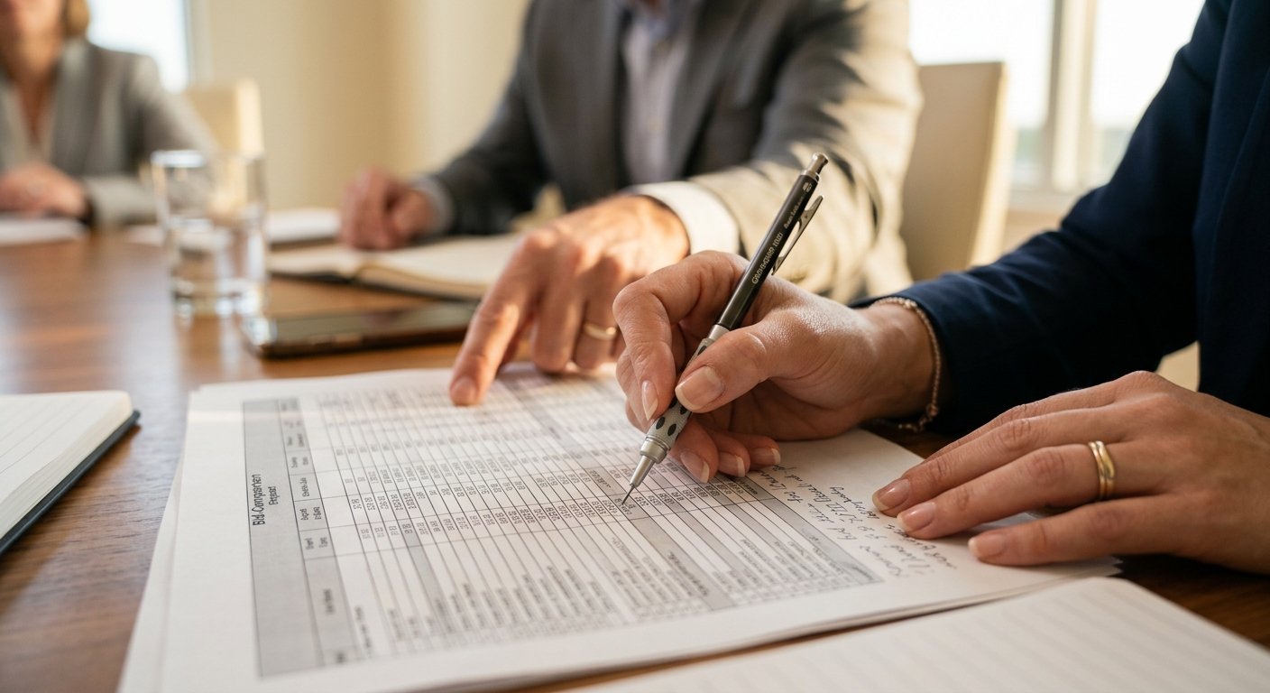 Close-up of hands reviewing and annotating a printed contract or bid spreadsheet on a conference table, one hand holding a pe