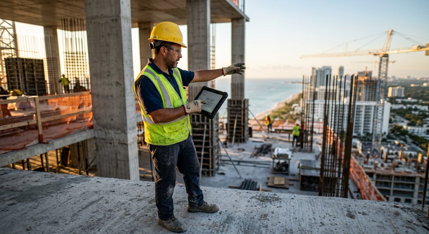 Construction manager in hard hat and safety vest gestures toward an unfinished concrete structure while reviewing a tablet, e