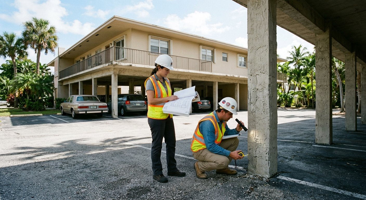 Engineer inspecting concrete support columns beneath an older two-story South Florida apartment building with open ground-flo