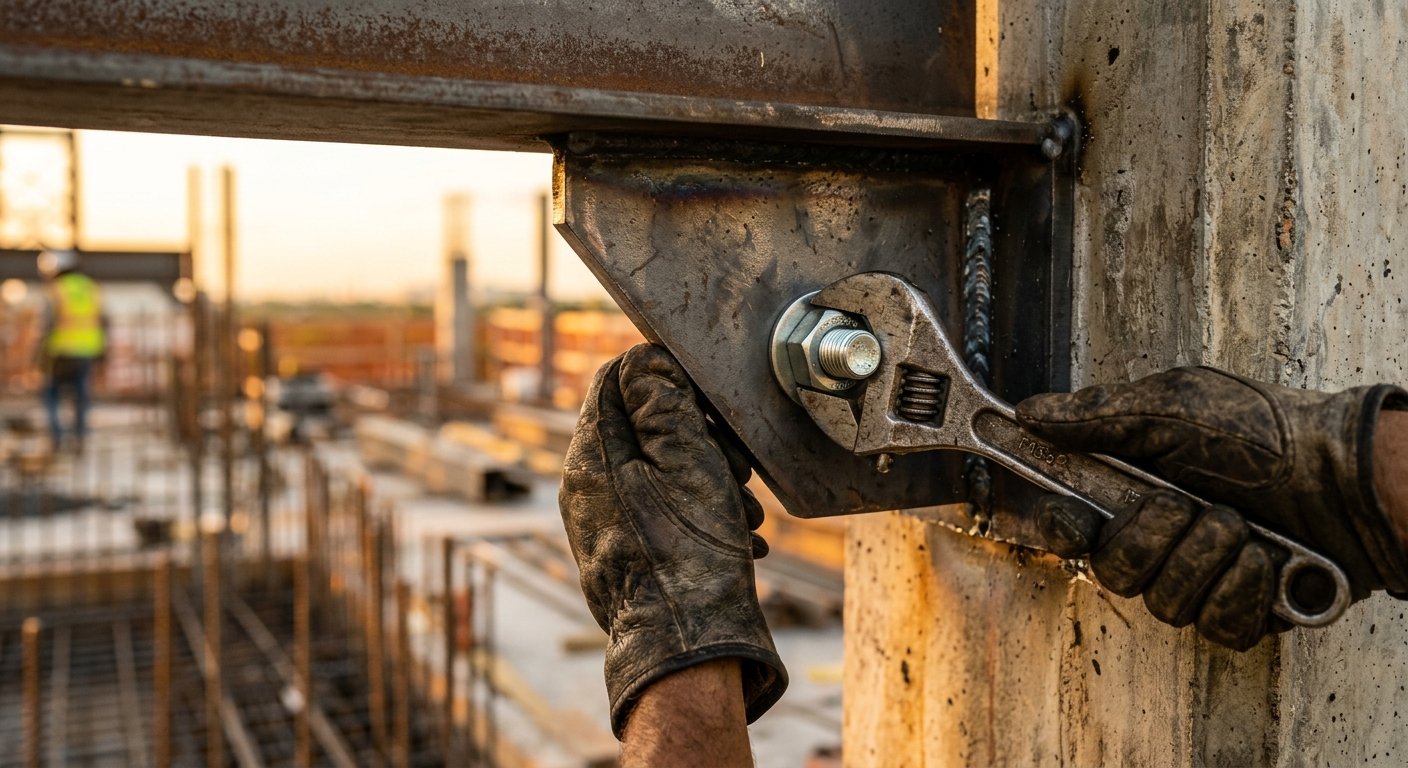 Gloved hands tightening a bolt on a steel moment frame connection retrofitted to an existing concrete column
