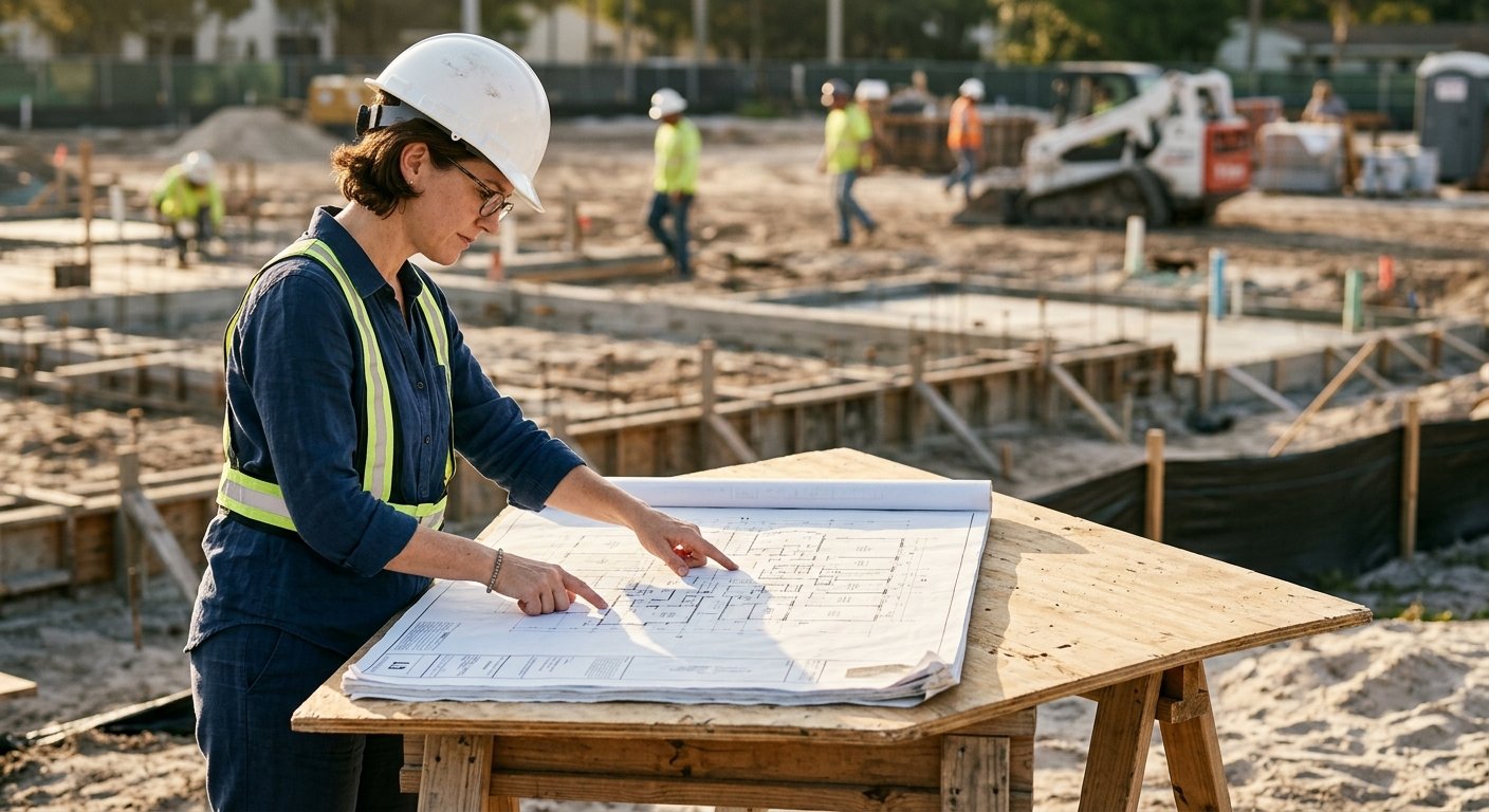 Female architect reviewing blueprints at an empty construction lot with foundation forms visible in the soft background
